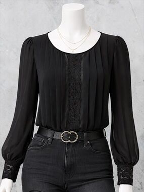 Women's Black Lace-Trim Pleated Blouse